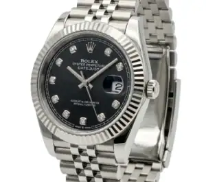 Rolex Datejust with black dial, diamond hour markers, and stainless steel bracelet.