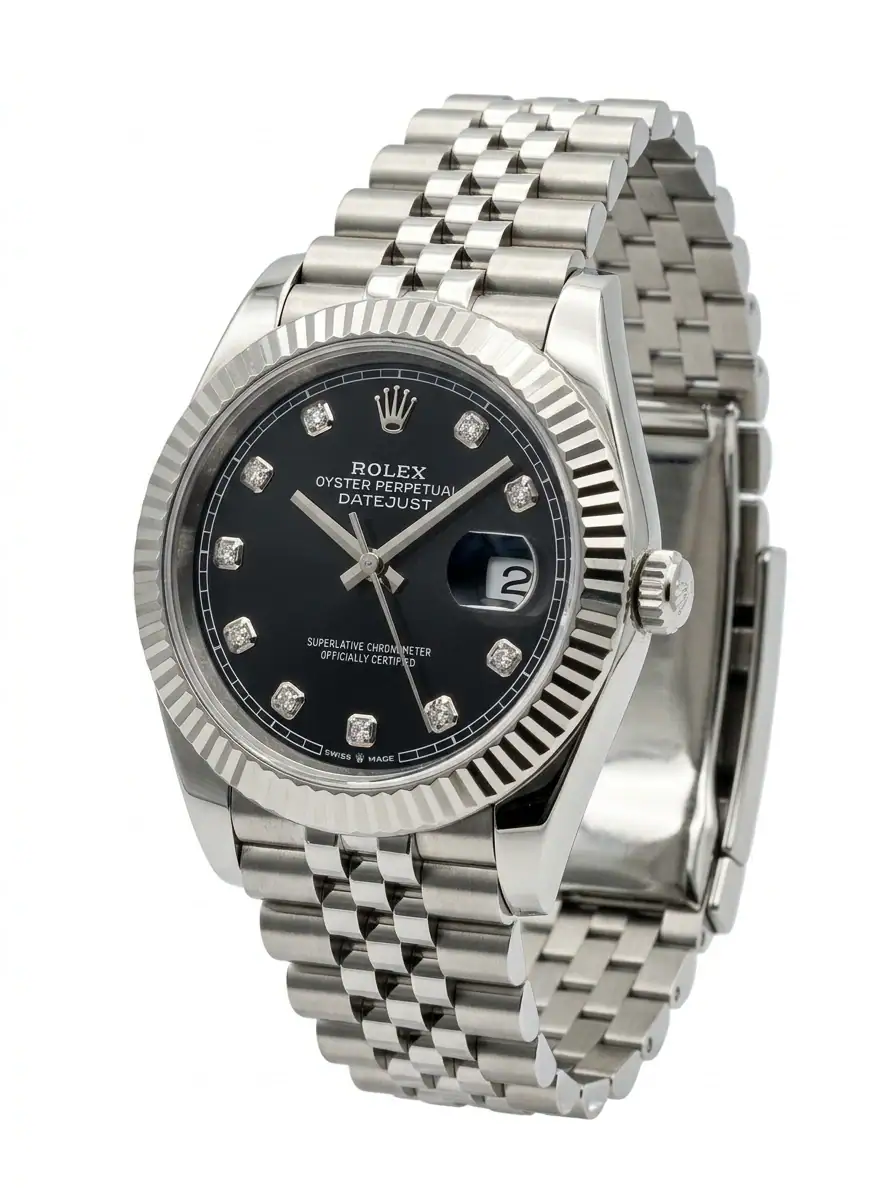 Rolex Datejust Black Diamond Watch Rolex Datejust with black dial, diamond hour markers, and stainless steel bracelet.
