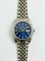 Rolex Datejust watch with blue dial and stainless steel bracelet.