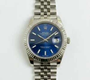 Rolex Datejust watch with blue dial and stainless steel bracelet.