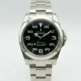 Rolex Air-King watch with black dial and stainless steel band.
