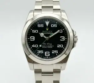 Rolex Air-King watch with black dial and stainless steel band.