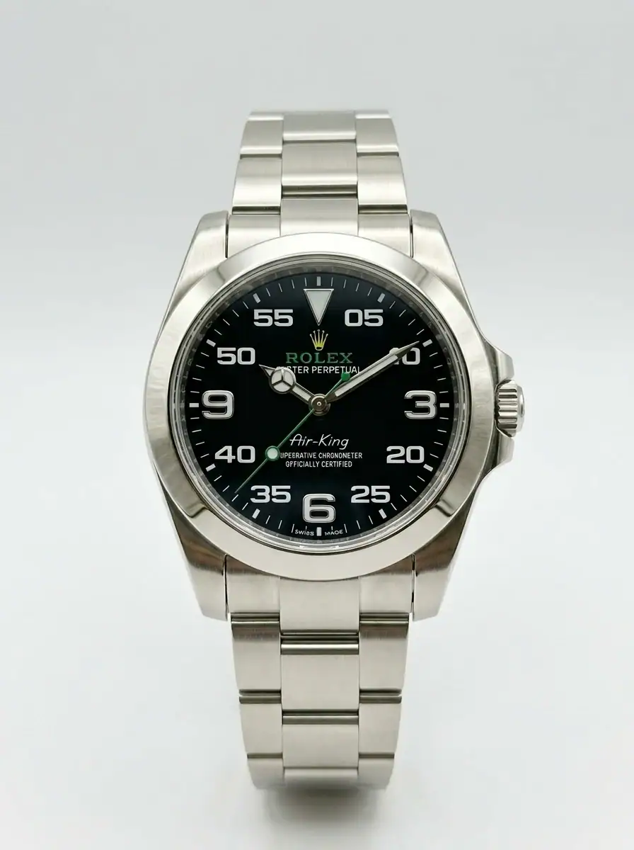 Rolex Air-King Black Dial Watch Rolex Air-King watch with black dial and stainless steel band.