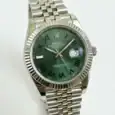 Rolex Datejust with green dial, Roman numerals, and stainless steel bracelet.