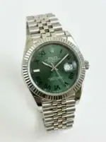 Rolex Datejust with green dial, Roman numerals, and stainless steel bracelet.