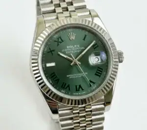 Rolex Datejust with green dial, Roman numerals, and stainless steel bracelet.