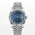 Rolex Datejust with blue dial, Roman numerals, and stainless steel bracelet.