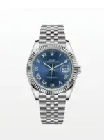 Rolex Datejust with blue dial, Roman numerals, and stainless steel bracelet.