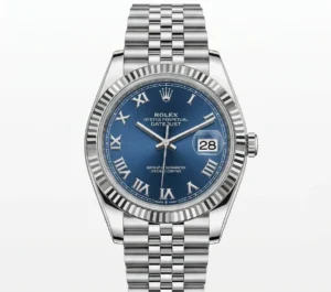 Rolex Datejust with blue dial, Roman numerals, and stainless steel bracelet.