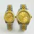 Two-tone Rolex Datejust watches for couple, gold and silver, with diamond markers.