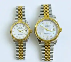 Pair of Rolex Datejust watches with gold and silver band and pearl dial.