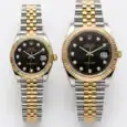 Pair of Rolex Datejust two-tone black dial watches with gold and silver bands.