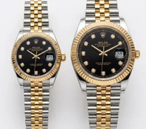 Pair of Rolex Datejust two-tone black dial watches with gold and silver bands.