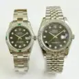Pair of Rolex Datejust watches with silver bands and black dials, one with diamond hour markers.