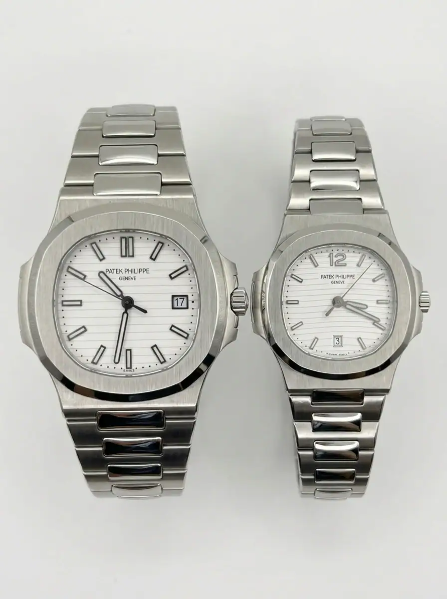 Patek Philippe Nautilus White Couple Watches Pair of Patek Philippe Nautilus watches in silver with white dials.