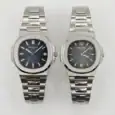 Pair of Patek Philippe Nautilus watches in silver with blue and black dials.