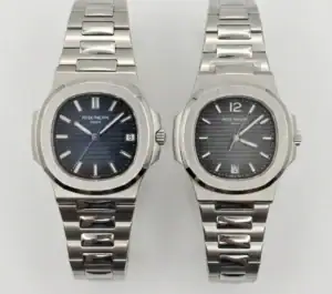 Pair of Patek Philippe Nautilus watches in silver with blue and black dials.