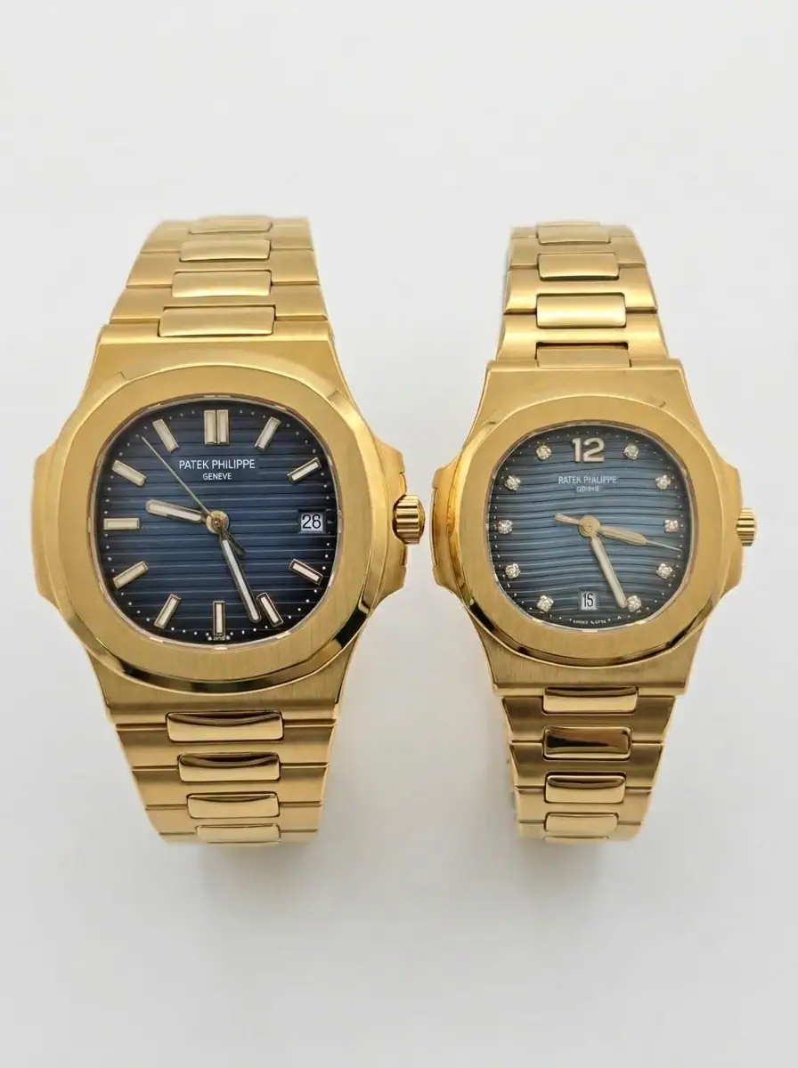 Patek Philippe Nautilus Gold Blue Couple Watches Gold Patek Philippe Nautilus couple watches with blue dials and gold bracelets.