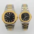 Two-tone Patek Philippe Nautilus couple watches with black dials and gold accents.