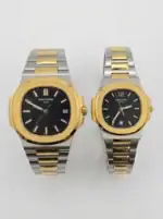 Two-tone Patek Philippe Nautilus couple watches with black dials and gold accents.