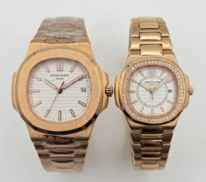 Pair of rose gold Patek Philippe Nautilus watches with white dials and bracelet straps.
