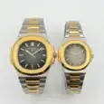 Two-tone Patek Philippe Nautilus watches with black and gray dials.