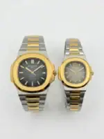 Two-tone Patek Philippe Nautilus watches with black and gray dials.