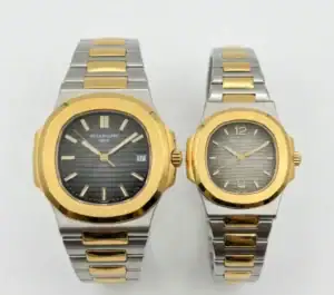 Two-tone Patek Philippe Nautilus watches with black and gray dials.