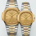 Two-tone gold and stainless steel Patek Philippe Nautilus couple watches.