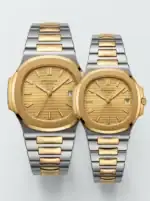 Two-tone gold and stainless steel Patek Philippe Nautilus couple watches.