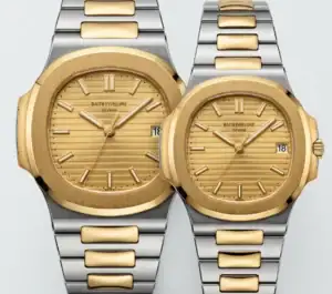 Two-tone gold and stainless steel Patek Philippe Nautilus couple watches.