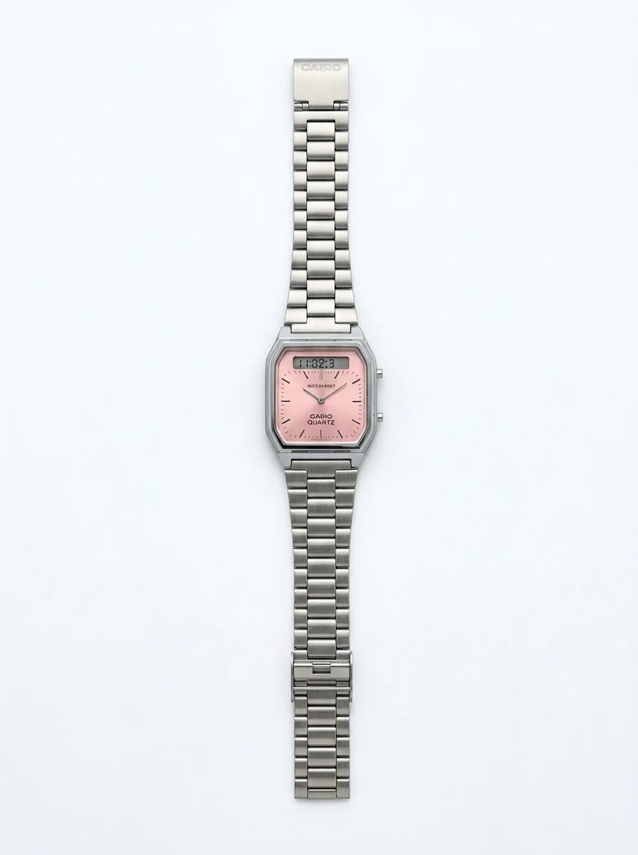 Isolate_watch_on_white_background_20261009010821 ساعة كاسيو كوارتز بمينا فضي وردي وشاشتين ومقاومة للماء - الصورة 1