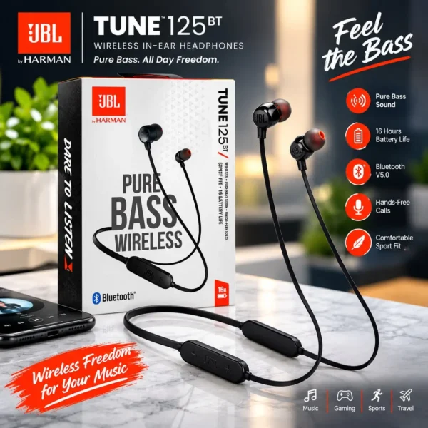 ⁦JBL Tune 125BT من Harman: سماعات أذن لاسلكية بتقنية Pure Bass مزودة ببطارية تدوم 16 ساعة وتصميم رياضي مريح⁩ - الصورة ⁦2⁩