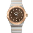 Omega Constellation Two-Tone Rose Gold Chocolate Brown Sunburst Dial Diamond Marker Quartz Women's Watch